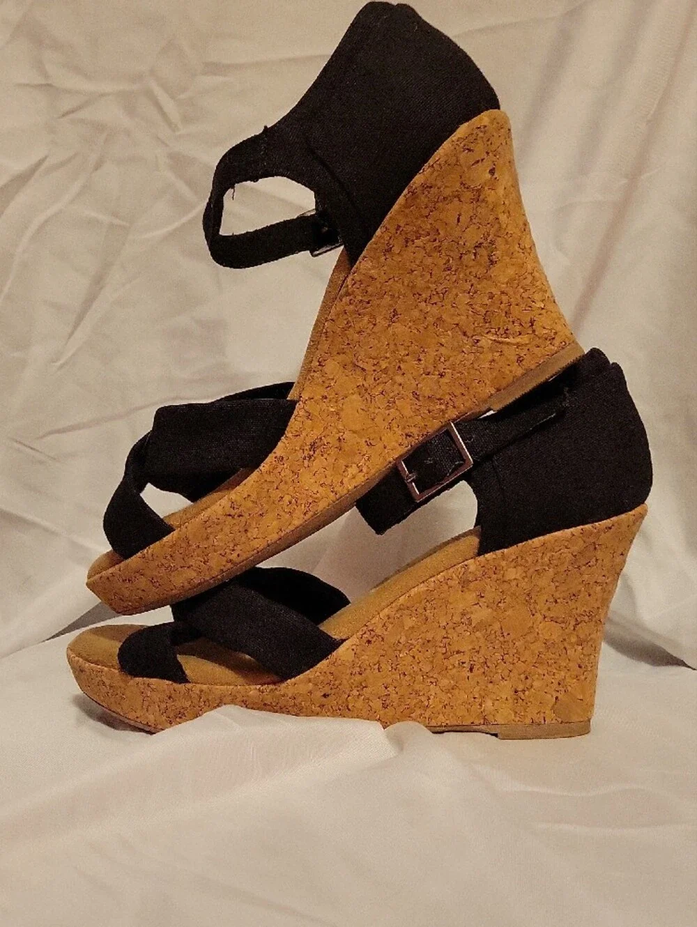 Black Strappy Cork Wedge Sandals - Women